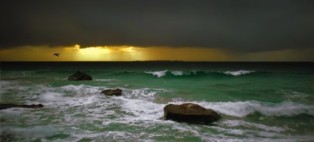 Sunset-HDR - nice, beauty, sky, beach, photography, sun, water, great, rocks, amazing, view, pretty, cool, clouds, green, hdr, ocean, landscape, lovely, bird, waves, nature, beautiful, scenery, colors, sea