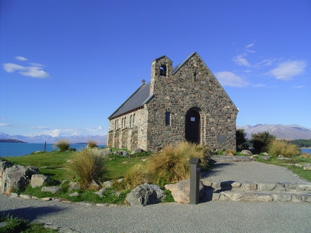 OLD STONE CHURCH - NZ - lake, stone, tekapo, sky