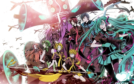 Vocaloid Army - anime, vocaloid, miku hatsune, meiko, nigaito, len kagamine, speakers, aircraft, music, kaito, kamui gakupo, rin kagamine, megurine luka