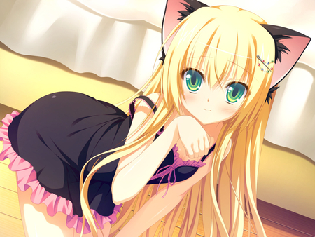 Catgirl - animal ears, dress, blush, blonde hair, green eyes, long hair