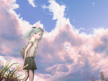 Hatsune Miku - pretty, artistic, real, pink, light, uniform, nice, program, thighhighs, city, beauty, virtual, cg, school uniform, white, cute, aqua eyes, song, vocaloid, anime, blue, twintail, school, grass, hatsune miku, bag, music, aqua, art, sky, idol, clouds, anime girl, skirt, realistic, beautiful, singer, girl, cool, buildings, black, glow, miku, awesome, diva, digital, aqua hair, hatsune, vocaloids