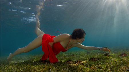 Treasure Hunt - woman, red dress, sea, diving