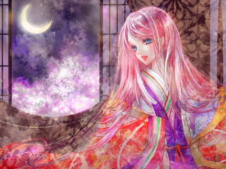 Megurine Luka - pretty, artistic, window, night, pink, light, luka, uniform, nice, program, megurine, beauty, virtual, cg, drawing, white, megurine luka, cute, aqua eyes, song, outfit, vocaloid, anime, blue, room, dark, music, aqua, purple, pink hair, art, sky, idol, clouds, moon, anime girl, beautiful, singer, girl, cool, black, awesome, diva, digital, night sky, vocaloids