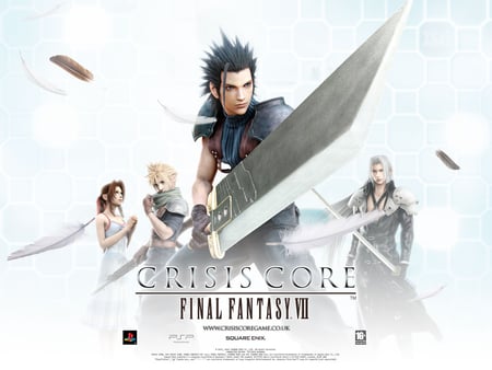 Final Fantasy: Crisis Core - crisis core, soldier, buster sword, armor, zack fair, silver, sword, cloud strife, heros, feathers, jenova, braids, long hair, logo, weapon, uniform, sephiroth, aerith gainsborough