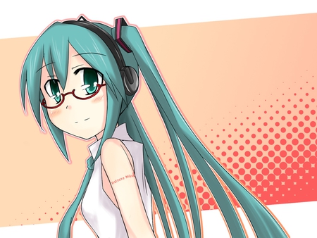 Hatsune Miku - aqua, glasses, headset, music, anime girl, white, art, amazing, cool, aqua eyes, artistic, hatsune miku, song, stunning, vocaloids, program, vocaloid, beautiful, blush, diva, beauty, nice, twintail, singer, simple, aqua hair, black, virtual, pretty, idol, anime, orange, miku, cute, girl, cg, hatsune, microphone, red, headphones, blue, digital, awesome