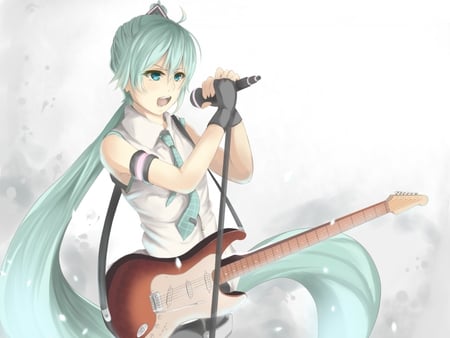 Hatsune Miku - aqua, guitar, music, anime girl, white, amazing, art, cool, shorts, aqua eyes, artistic, hatsune miku, skirt, light, song, stunning, vocaloids, program, glow, vocaloid, beautiful, uniform, diva, beauty, nice, twintail, singer, aqua hair, solo, black, virtual, pretty, idol, orange, anime, miku, cute, girl, oufit, cg, hatsune, microphone, blue, singing, tie, awesome, digital