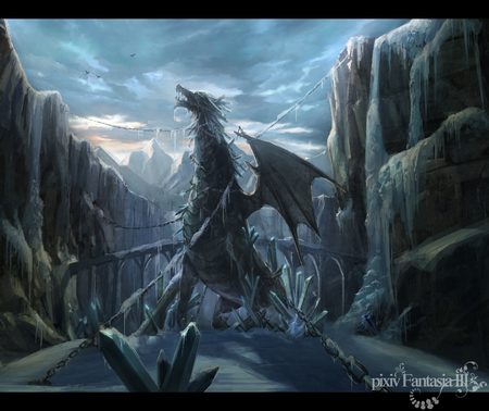 Sealed Dragon - seal, sky, clouds, chain, dragon, anime, ice, pixiv fantasia