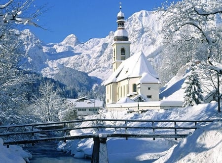 Winter - nature, mountain, church, winter, bridge