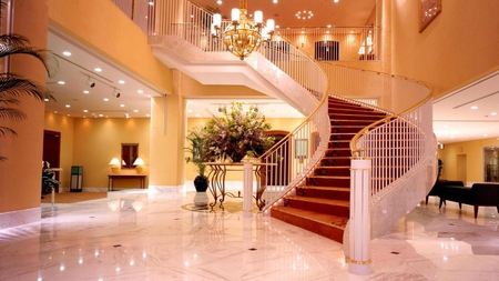 Gorgeous Interior - marble flooring, lampshades, interior, flower arrangements, staircase, gorgeous, ceiling, red, lights, chandelier