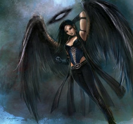 Blackhalo - beauty, female, girl, angel, black, fantasy, cg, pretty, wing, digital art