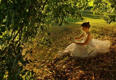 Alice - trees, childhood, tenderness, girl, grass, forest, lovely girl, toy, memories, white dress, nature, green, sunny day, cup, remember