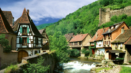 Mountain village - village, hill, house, river, mountain