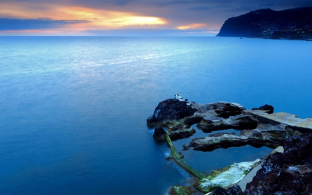 Blue Sunset - ocean, beach, sky, mounts, sun, water, sunset, calm, nature, view, clouds, blue, beautiful, scenery