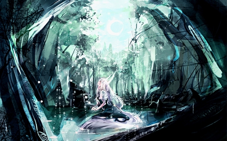 Enchanted - moon, forest, female, anime, water, long hair, fantasy