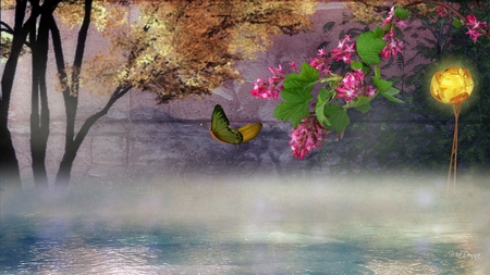 Early Fall Mist - light, water, mist, fall, butterfly, tree, flowers, autum, lamp, firefox persona