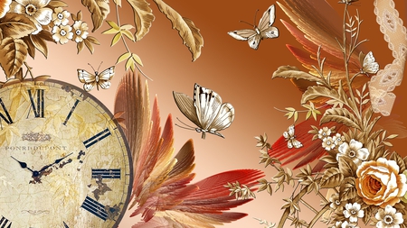 Time for Autumn - wings, rose, lace, clock, leaves, flowers, buttefly, firefox persona, butteflies, butterflies