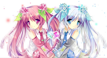 Sakura Miku & Yuki Miku - tie, pretty, artistic, snowflakes, snow, pink, uniform, flowers, stunning, pink eyes, yuki miku, yuki, nice, program, leggings, beauty, virtual, duo, cg, white, 2 girls, green, cute, aqua eyes, song, outfit, vocaloid, anime, blue, amazing, twintail, hatsune miku, leaves, music, aqua, stockings, sakura miku, sakura petals, pink hair, art, idol, anime girl, sakura, skirt, beautiful, singer, girl, cool, black, miku, awesome, diva, digital, aqua hair, hatsune, vocaloids