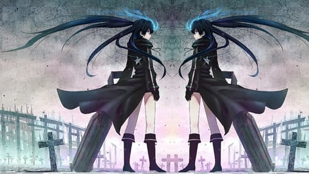 Black★Rock Shooter - black rock shooter, anime, kuroi mato, gun, girl, weapon, grave, jpeg artifacts