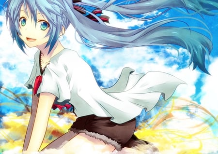 Hatsune Miku - tie, pretty, artistic, uniform, nice, program, thighhighs, beauty, virtual, cg, drawing, white, cute, aqua eyes, shorts, song, outfit, vocaloid, anime, yellow, blue, twintail, hatsune miku, music, aqua, art, sky, idol, clouds, anime girl, beautiful, singer, girl, cool, black, miku, awesome, diva, digital, aqua hair, sekiranun graffiti, thigh highs, hatsune, vocaloids