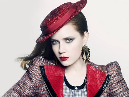 Amy Adams - actress, red hat, girl, adams, red lips, makeup, model, red dress, pretty, amy, amy adams