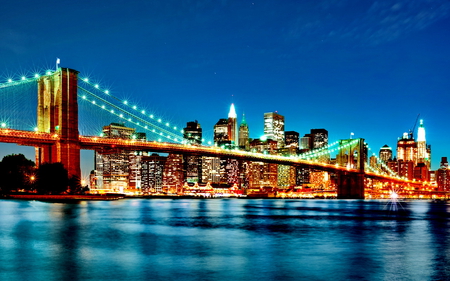 Brooklin Bridge - river, architecture, lights, bridge