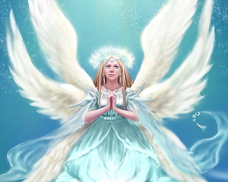 angel pray - winged, blue, halo, cute, angel