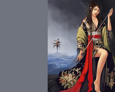 japanese beauty - beauty, sexy, flut, leg, music, sword, traditinal