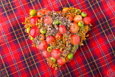 FLOWER-FRUIT-ARRANGEMENT - red, heart, flowers, fruits, shapes, food, green