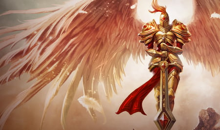 Kayle - warrior, league of legends, strength, alone, angel, light, armor, float, metal, fly, weapon, power, action, sky, clouds, girl, petals, strong, knight, kayle, lady, woman, feathers, hero