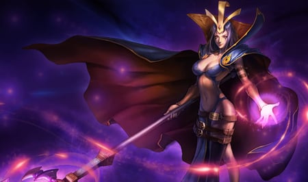 LeBlanc- The Deceiver - woman, video game, darkness, hand, league of legends, lady, girl, light, night, staff, power, wing, action, strong, deceiver, cape, leblanc, strength