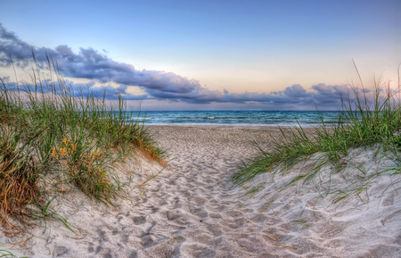 Beach-HDR - pretty, dunes, scenery, blue, amazing, beach, landscape, great, grass, sunrise, sand, view, hdr, nice, sky, clouds, water, beautiful, photography, sea, beauty, colors, lovely, cool, ocean, nature, sunset, soft