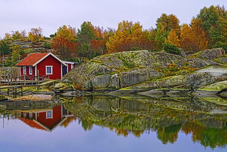 Nordic autumn - nordic, landscape, romance, forest, splendid, red, lake, color, house, trees, beautiful, beauty, colors, pier, nature, season, autumn, peaceful, rocks