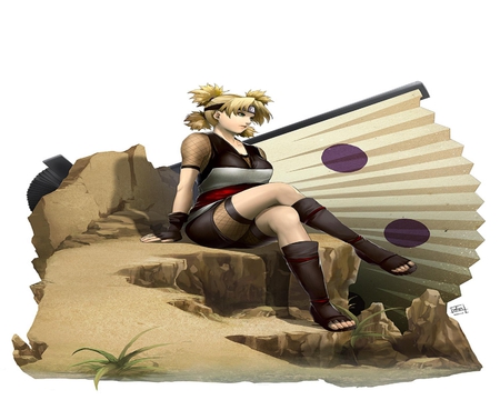 Sand Shinobi - sitting, fan, female, lone, naruto, blonde hair, short skirt, anime, ninja, girl, blue eyes, shinobi, headband, temari, long hair, kunoichi, gloves, naruto shippuden