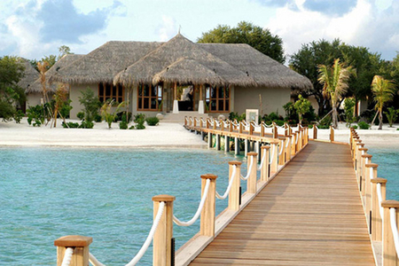 Beach House - house, blue, beach, sea, bridge