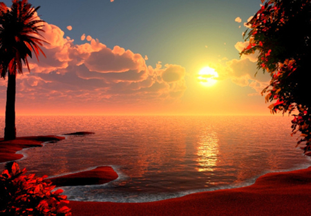 Sunset over the Ocean - sunset, sea, ocean, sand, red trees