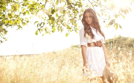 Beauty in nature - dreamer, grass, light, leaves, dreamer girl, stare, dreaming, field, sunny day, sun, hat, trees, beautiful girl, lovely face, beauty, hair, white dress, bright, thinking