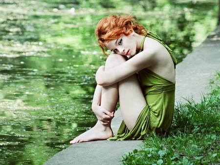 Sorrow - woman, green, loneliness, girl, alone, sorrow