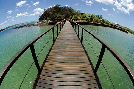 Bridge to Paradise - aqua, island, sea, ocean, sky, bridge