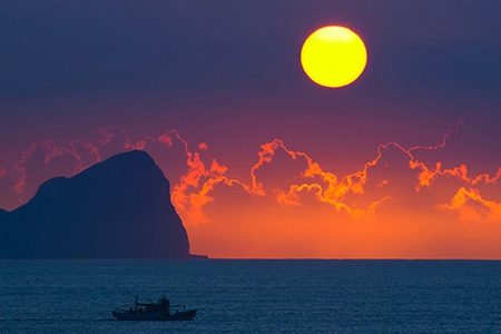 Lone Boat - sunset, water, boat, rock, alone, orange