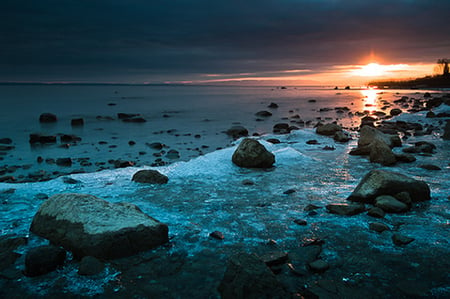 Rocky Sunset - beach, ocean, sunset, sea, rocks