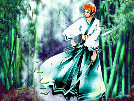 Minitokyo Samurai Deeper Kyo - swords, graphics, greatest hits, samurai, dual swords, closed eyes, glow, green, anime, bamboo