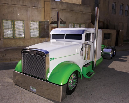 Custom Rig - white, truck, stacks, green