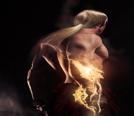 Ken Masters - game, anime, blonde hair, shirtless, long hair, ken masters, male, cg, fire, flames, games, video games, lone, street fighter, video game, ken