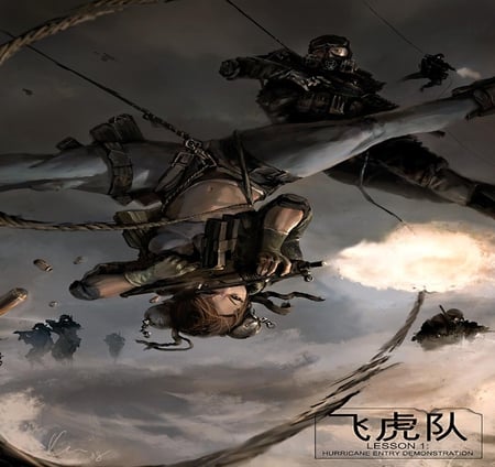 Hurricane Assault - clouds, game, anime, guns, weapons, chun li, brown hair, bullet shells, soldiers, ropes, games, video games, harness, sky, street fighter, video game