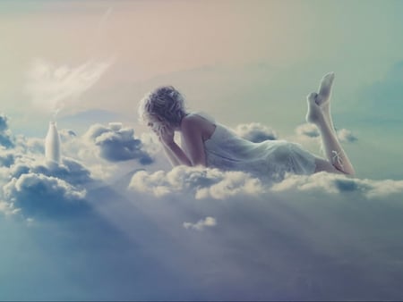 heavenly dreams 2 - abstract, lady, dreaming, clouds