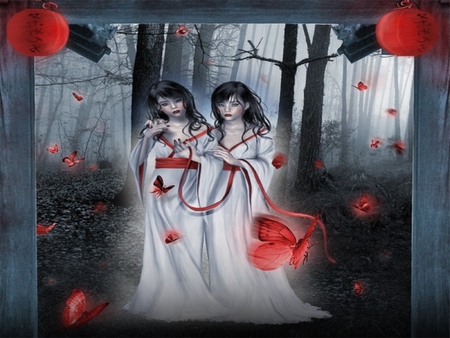 butterfly twins - twin girls, butterfly, abstract, red