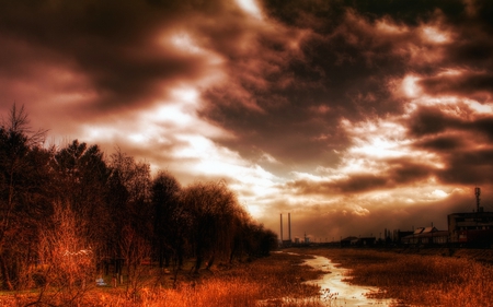 AUTUMN DARKNESS - sky, forest, path, buildings, darkness, autumn