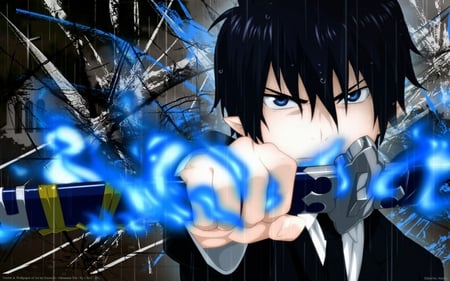 Rin Okumura - anime, blue exorcist, sword, blue flames, vector, demon, rin okumura, blue eyes