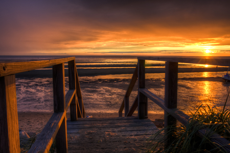 Sunset-HDR - pretty, scenery, romantic, amazing, landscape, great, grass, romance, steps, sand, view, hdr, ladder, nice, sky, sun, clouds, water, beautiful, photography, sea, beauty, lovely, cool, ocean, nature, sunset, rays, waves