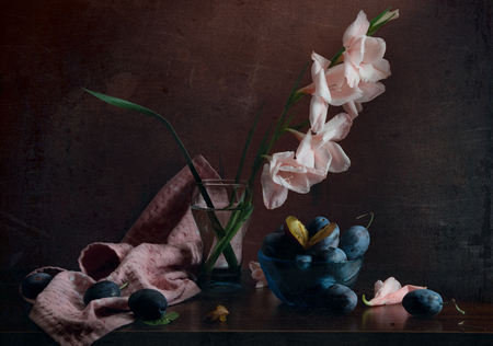 still life - nice, beauty, plums, photography, water, gladiolus, still life, cool, pretty, petals, harmony, lovely, fruit, cup, beautiful, pink, photo, flower